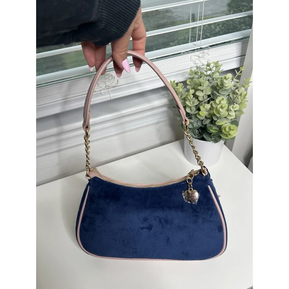 Juicy Couture Heritage Velour Shoulder Bag Regal Blue Pink Y2K Gold‎ Chain Purse